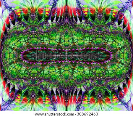 Large detailed crazy flower background with a decorative ring and four interesting decorative flowers, all in dark vivid green,red,purple,teal