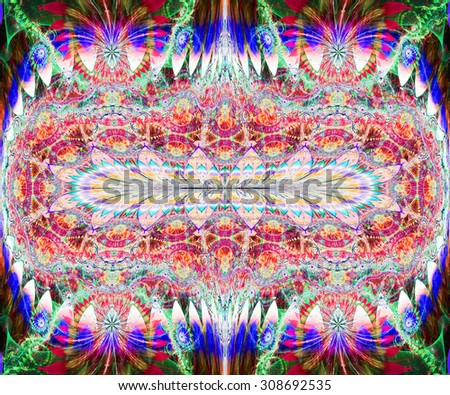 Large detailed crazy flower background with a decorative ring and four interesting decorative flowers, all in bright vivid red,pink,purple,green