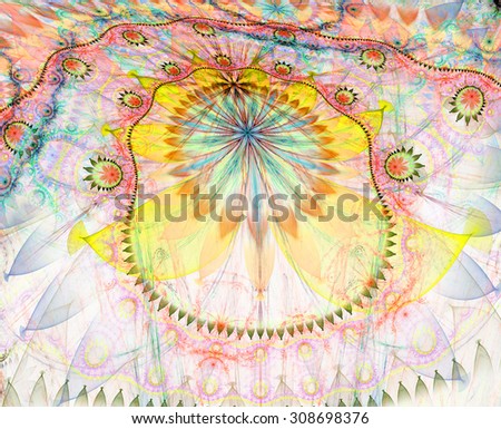 Large bent exotic looking flower background with a detailed decorative pattern surrounding the main flower, all in light pastel yellow,green,blue,red,pink