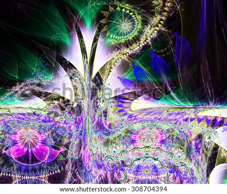 Large twisted tall exotic/alien looking flower background with a detailed decorative pattern underneath the main flower, all in bright vivid pink,purple,green,yellow