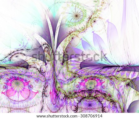 Large twisted tall exotic/alien looking flower background with a detailed decorative pattern underneath the main flower, all in light pastel pink,purple,blue,green