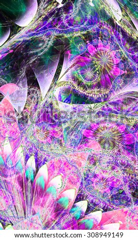 Large twisted tall exotic/alien looking flower background with a detailed decorative pattern, all in bright vivid pink,purple,blue