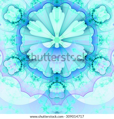Abstract fractal star flower tower background with a detailed decorative pattern of petals connected by a wavy ring, all in light pastel blue,cyan,pink