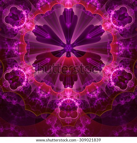 Abstract fractal star flower tower background with a detailed decorative pattern of petals connected by a wavy ring, all in glowing pink and red
