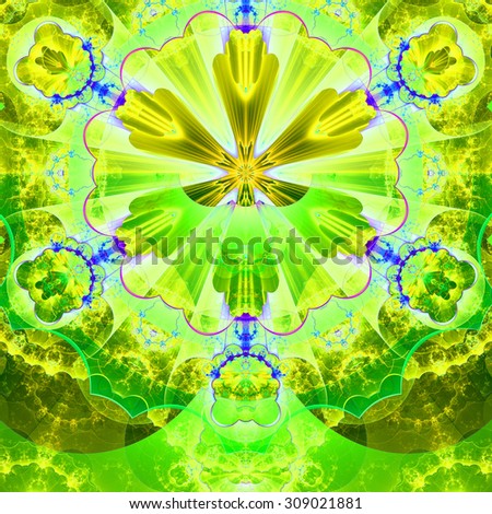 Abstract fractal star flower tower background with a detailed decorative pattern of petals connected by a wavy ring, all in bright vivid glowing green,yellow,blue