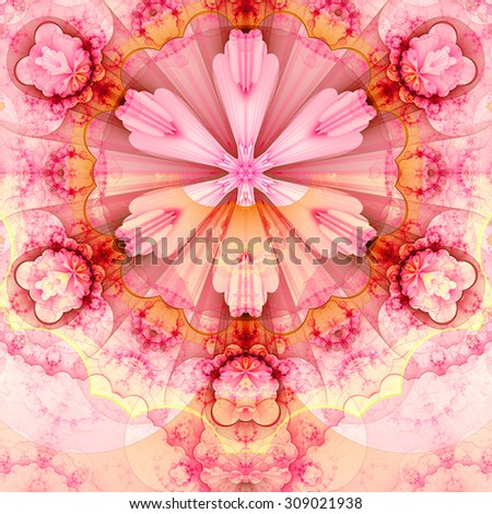 Abstract fractal star flower tower background with a detailed decorative pattern of petals connected by a wavy ring, all in light pastel pink,red,yellow