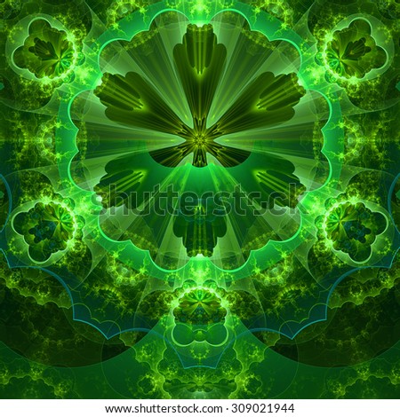 Abstract fractal star flower tower background with a detailed decorative pattern of petals connected by a wavy ring, all in glowing green