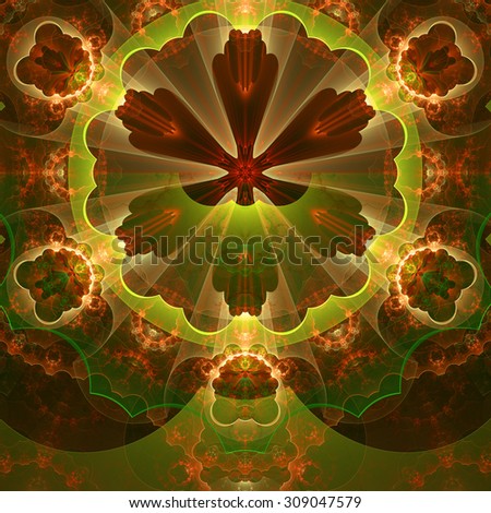 Abstract fractal star flower tower background with a detailed decorative pattern of petals connected by a wavy ring, all in glowing yellow,green,red