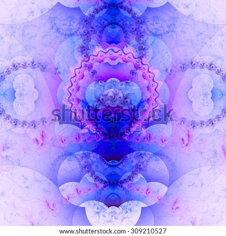 Abstract organic looking fractal tower background with a detailed decorative waves and rings, all in light pastel pink and purple