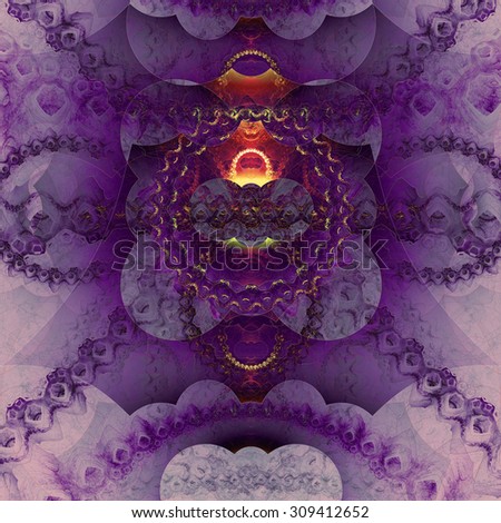 Abstract organic looking fractal tower background with a detailed decorative waves and rings, all in glowing vivid sepia tinted purple,pink,yellow