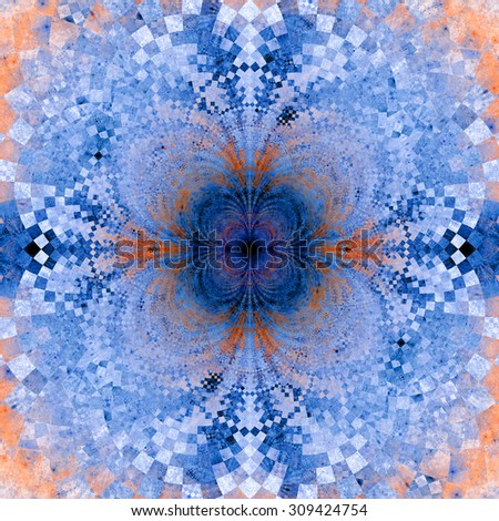 Detailed decorative star (flower) with an extremely detailed decorative sharp crystal like pattern coming out of the center and interconnecting arches, all in vivid pastel blue and orange