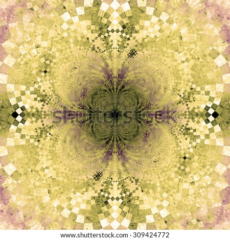 Detailed decorative star (flower) with an extremely detailed decorative sharp crystal like pattern coming out of the center and interconnecting arches, all in pastel sepia tinted yellow,green,pink