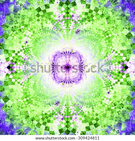 Detailed decorative star (flower) with an extremely detailed decorative sharp crystal like pattern coming out of the center and interconnecting arches, all in bright green,purple,pink