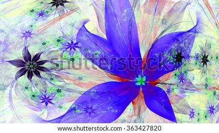 Modern exotic high resolution flower background with large wavy plastic flowers with natural looking 3D leaves and a field of smaller ones,all in pastel purple,green,blue,pink
