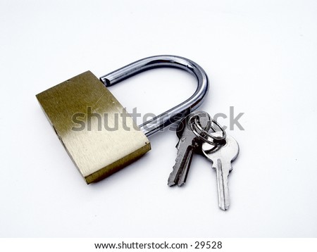 Padlock unlocked with keys isolated on white background