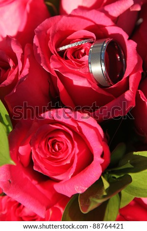 stock photo Wedding Rings in brides flowers Pink Roses