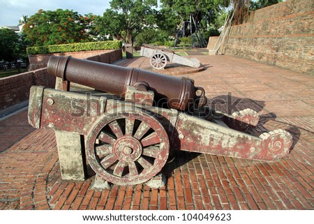 Two old guns in Anping fort in Tainan, Taiwan