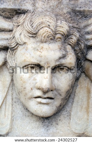 Man\'s marble head on the wall in Aphrodisias, Turkey