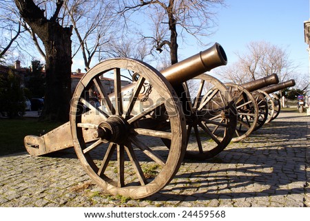 Old guns on the square near clock tower in Bursa