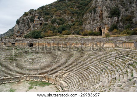 Old theater and rock tombs in Myra, Turkey