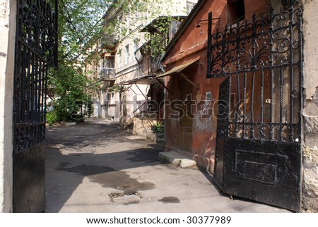 Open gate to the inner yard of house in Odessa, Ukraine