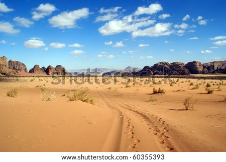 Blue sky, clouds and desert in Wadi Rum, Jordan