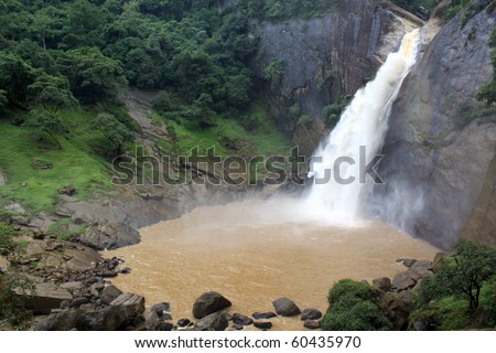 Green forest wnd big waterfall in Badulla, Sri Lanka