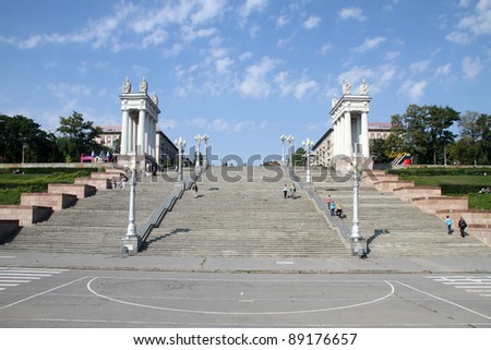 Colonnade and street lights near staircase in Volgograd, Russia