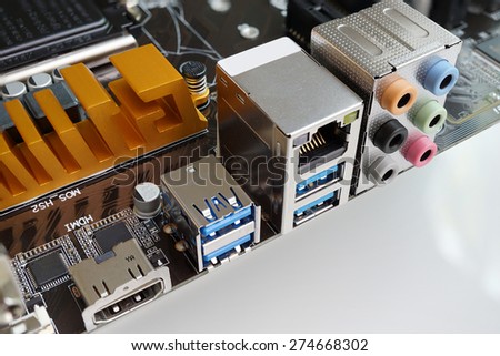 Computer motherboard closeup. Back panel part USB, Lan, Jack, HDMI.