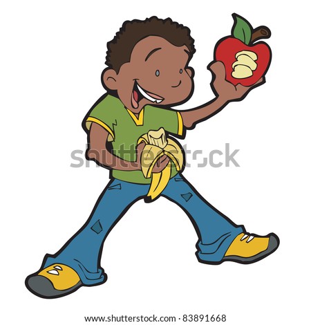 African American boy being healthy by eating fruit, including an apple and a banana.