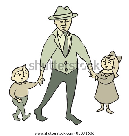 Man in suit, hat and tie walking with girl and boy in dress clothes; dad walking with son and daughter.