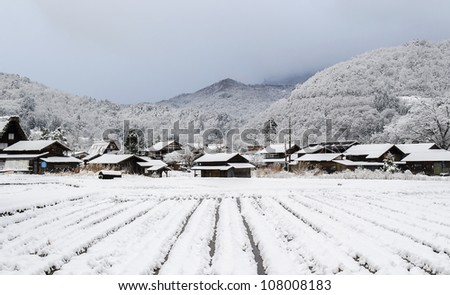 a snow filled plantation with traditional village housees and mountain at the background