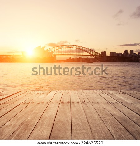 Wooden board, Sydney in sunset.
