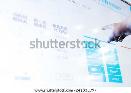 modern business data touch screen,the chinese words are business details like sale,profit etc.Chinese words with blue background on screen is  sales statistic menu to select the category