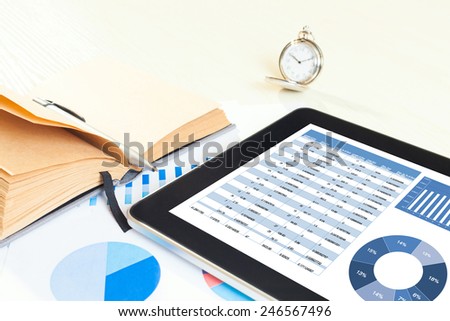 digital tablet and smartphone with financial chart report, paper, pen on work table. Above view shot.