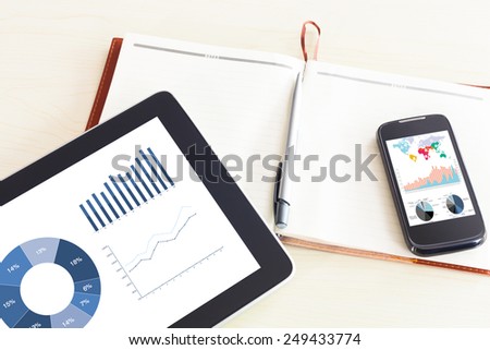 graph display in digital tablet and paper, pen,smartphone. Above view shot.