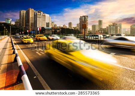 traffic blur motion on bridge with skyline