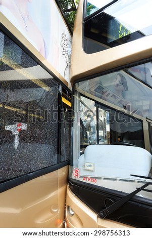 Hongkong,China-June 13,2015:Two bus crashed and badly damaged in hong kong.