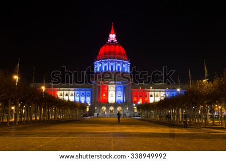 SAN FRANCISCO,US - NOV 13, 2015: City Hall of San Francisco turned on the light with french color for Terrorism Attack in Paris on Nov 13,2015 in San Francisco,US