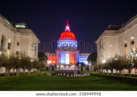 SAN FRANCISCO,US - NOV 13, 2015: City Hall of San Francisco turned on the light with french color for Terrorism Attack in Paris on Nov 13,2015 in San Francisco,US