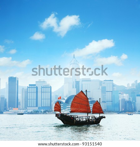 view of Hong Kong\'s Vicotria harbor with one chinese boat through the river