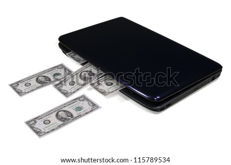 Electronic commerce or any online business concept. Laptop producing or spending money. Isolated on white background. Clipping path