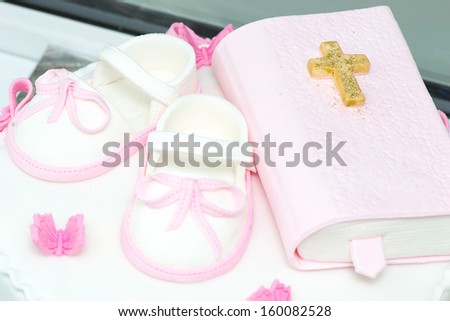 Christening cake decoration - child shoes and prayer book