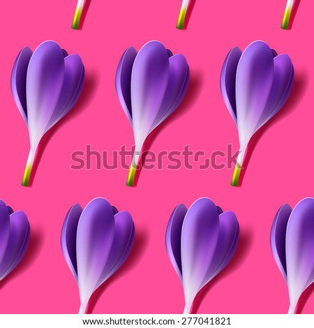 Seamless crocus vector pink background, bright realistic purple flower pattern