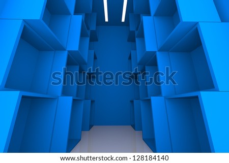 Abstract Box with Blue Empty Room for Shelves.
