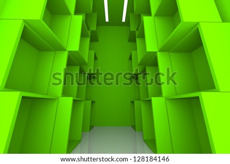 Abstract Box with Green Empty Room for Shelves.