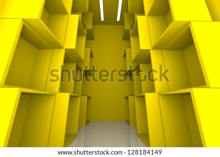 Abstract Box with Yellow Empty Room for Shelves.