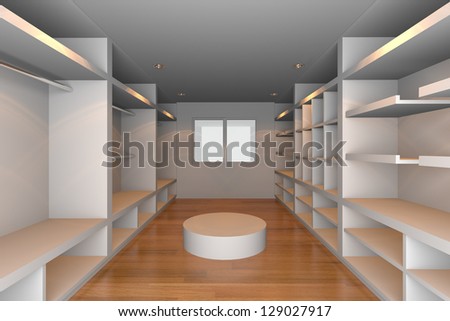 Mock-up for minimalist walk-in closet with white wall and wood floor. Ideal for ineterior design background.