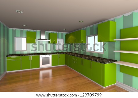 Mock-up for minimalist kitchen room with green wallpaper and wood floor. Ideal for ineterior design background.