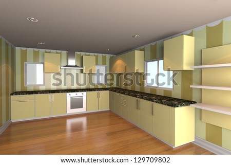 Mock-up for minimalist kitchen room with yellow wallpaper and wood floor. Ideal for ineterior design background.